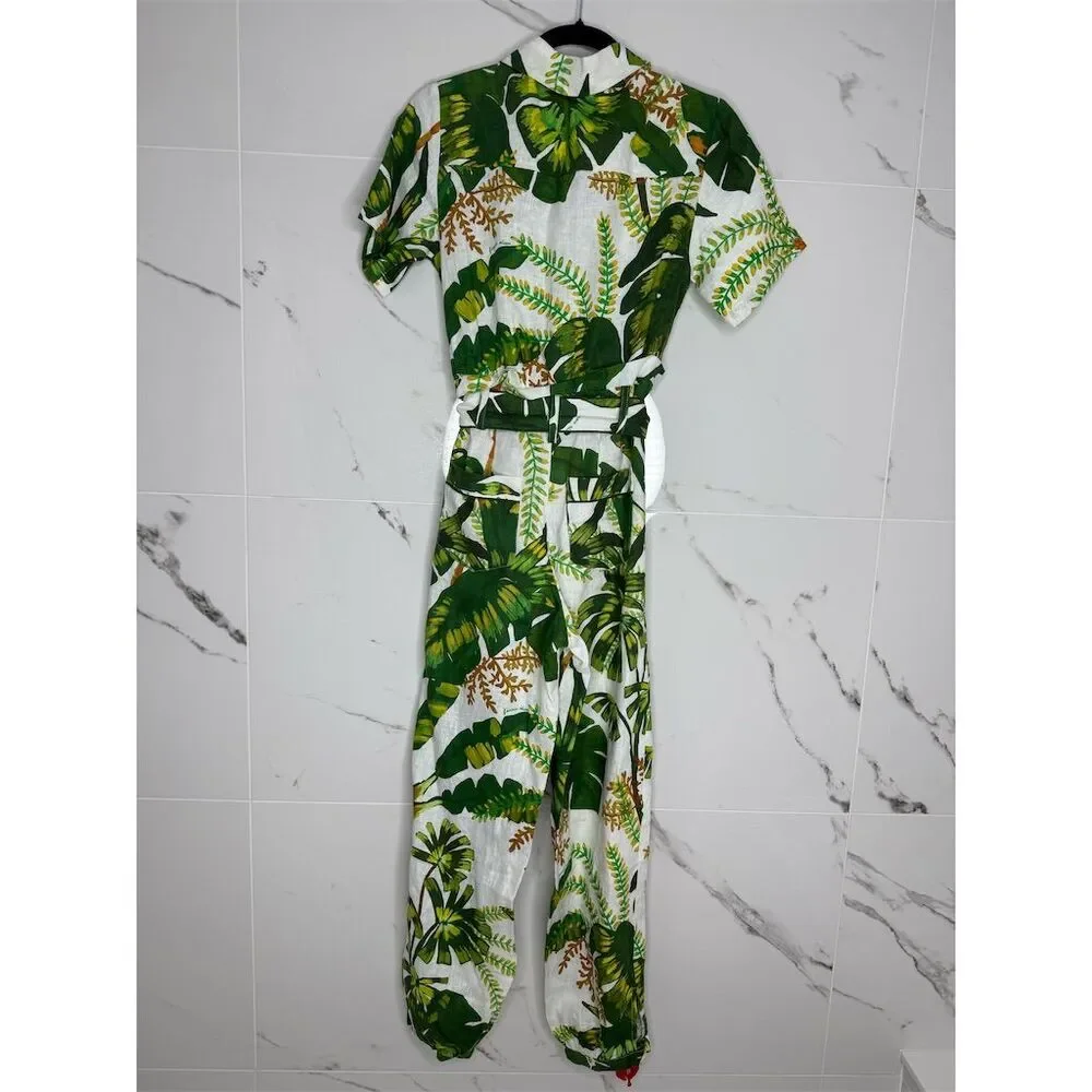 Farm Rio XXS Green white Tropical Leaf Print Jumpsuit Linen Resort Anthropologie - Picture 11 of 16